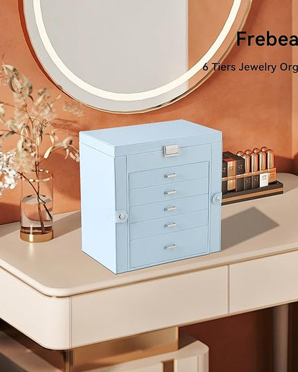 Frebeauty Large Jewelry Box,6-Tier PU Leather Jewelry Organizer,Multi-functional Storage Case with Mirror,Accessories Holder with 5 Drawers for Necklace Bracelets Watches(Sky Blue)