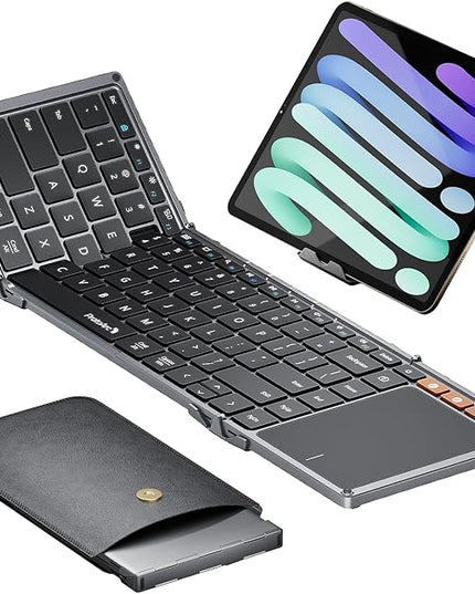 ProtoArc Foldable Keyboard with Touchpad, XK01 TP Folding Portable Keyboard, Full Size Keys, Large Trackpad Bluetooth Travel Keyboards for Laptop PC Tablet - Black Gray