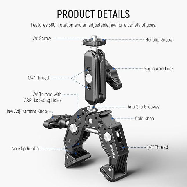 NEEWER Super Clamp Magic Arm Camera Mount with Phone Holder Action Cam Adapter Ball Heads 1/4" Threads Cold Shoe Cleaning Cloth Compatible with SmallRig GoPro for Desk Tripod Crossbar Gimbal Rod, ST83