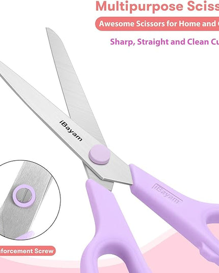 Scissors, iBayam 8" All Purpose Scissors Bulk 3-Pack, Ultra Sharp 2.5mm Thick Blade Shears Comfort-Grip for Aesthetic Fun Cute School Office Teacher Desk Crafts and Art Supplies Accessories Essential