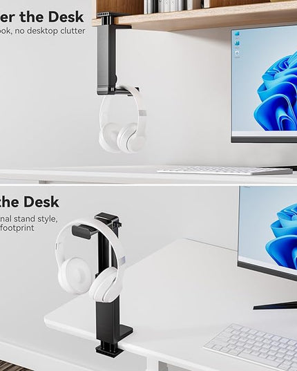 Headphone Stand Under-Desk or Headset Holder Above-Desk, Headphone Hanger & Headset Hook Under Desk Mount with Spring Clamp & Height Adjustable & Cable Clip for Gaming Gift Accessories. PC Game Headsets