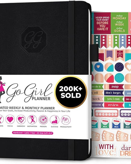 GoGirl Planner and Organizer for Women – A5 Size Weekly Planner, Goals Journal & Agenda to Improve Time Management, Productivity & Live Happier. Undated – Start Anytime, Lasts 1 Year – Black
