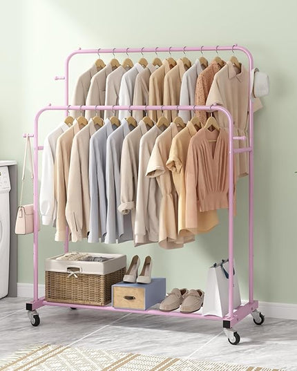 Laiensia Double Rods Garment Rack with Wheels, Clothing Rack for Hanging Clothes,4 Hooks, Multi-Functional Bedroom Clothes Rack, Pink