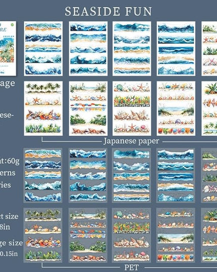20 Sheets Seaside Landscape Pre-Cut Journaling Stickers Book for Junk Journaling, Scrapbooking, Collage, Planner, Album, Transparent PET and Washi Stickers for Adults