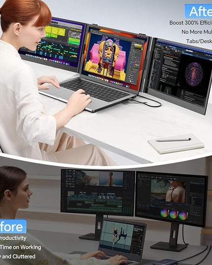 POTTMACEE 14.2’’ Triple Laptop Screen Extender, 0.17" Ultra-Slim FHD 1080P Portable Monitor for Laptop, Tri-Screen Travel Monitor Extender, Plug-Play for Windows/Mac/Chrome, Fit 13”-17.3” Laptops