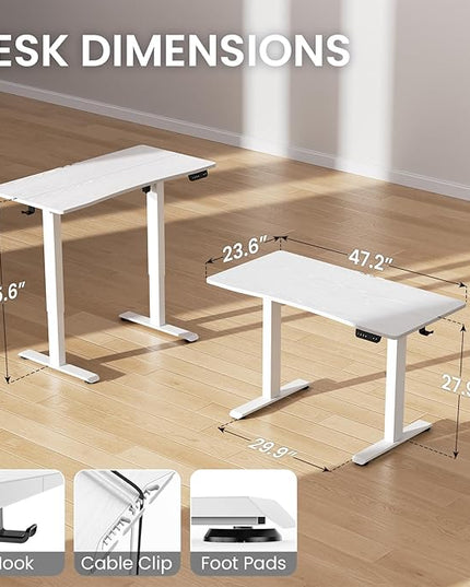 Veken 47.2 x 23.6 Inch Electric Standing Desk with Adjustable Height, Sit to Stand Computer Table for Study, Work or Gaming, Home Office Desk White