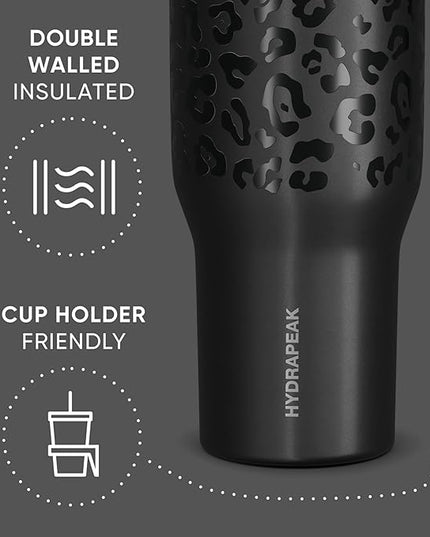 Hydrapeak Voyager 40 Oz Stainless Steel Tumbler with Handle, Insulated Water Bottle With Straw & Lid, Cupholder Friendly Reusable Travel Mug (Black Leopard)