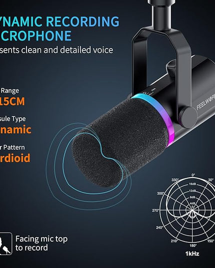 FEELWORLD PM1 XLR USB Dynamic Microphone Gifts for Podcast Recording PC Computer Gaming Live Streaming Vocal Voice-Over, Studio Metal Mic with Voice-Isolating, RGB Light, Mute Button, Headphones Jack