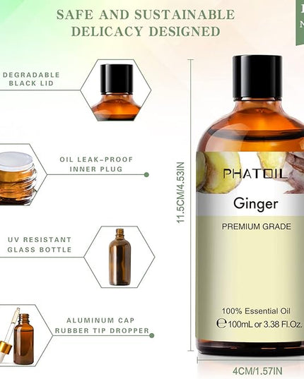 Ginger 3.38fl.oz Essential Oil, PHATOIL Pure Aromatherapy Oils for Diffuser, Humidifier, Perfect for DIY Soap, Candle, Bath Bombs Making(100ml)