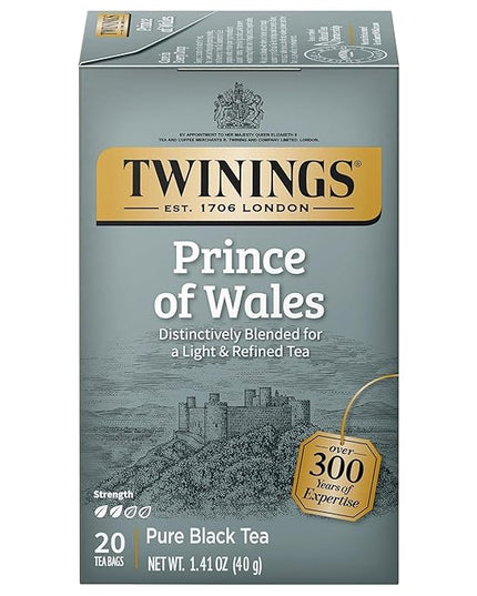 Twinings Prince of Wales Black Tea Individually Wrapped Bags, 20 Count (Pack of 1), Velvety Smooth & Mild, Caffeinated, Enjoy Hot or Iced, 20 Teabags