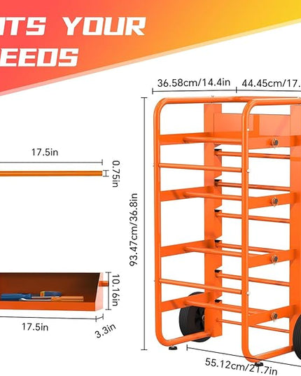 Tredre Wire Spool Rack with Wheels, Heavy Duty Cable Holder with 11 Rods – Mobile Multi-Spool Wire Rack Dispenser with Wheels and Storage Box for Efficient Workplace Cable Management, Orange