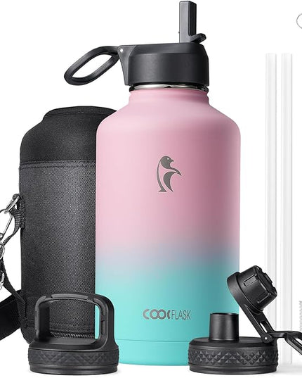Water Bottle Insulated 64 oz with Straw & 3 Lids, Coolflask Half Gallon Water Jug Large Metal Stainless Steel Wide Mouth, Non-BPA Keep Cold 48H Hot 24H, Bubblegum Princess