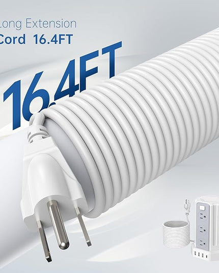 Power Strip Surge Protector, 10 Ft Extension Cord with 12 AC Multiple Outlets 4 USB (1 USB C), SMALLRT Power Tower Desktop Charging Station (White, 16.4 FT)