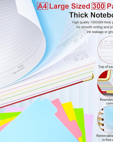 Hardcover Spiral Notebook 8.5"x11" Journal Notebook with Tabs and Removable Dividers 300 Pages 5 Subject Notebook College Ruled, Faux Leather Spiral Bound Notebook for Women School Work(Red)