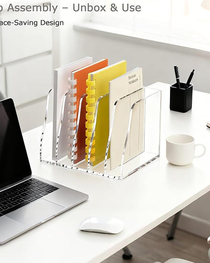 YUXUN Clear Acrylic File Folder Holder - 5 Vertical Compartments Desk Document Sorter, Upright Magazine Rack for Office/Home/Classroom, Stores Documents, Tablets, Magazines, Books & Accessories