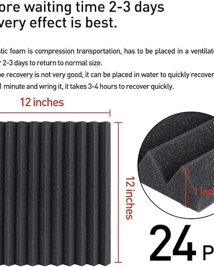 Focusound 24 Pack Black Grey Acoustic Foam Panels 1" x 12" x 12" Sound Proof Foam Panles Soundproofing Noise Cancelling Wedge Panels for Home Office Recoding Studio with 240PCS Double-Side Adhesive