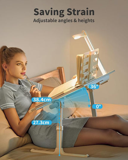SAIJI Laptop Bed Tray Desk with LED Desk Light, Adjustable Laptop Stand for Bed, XX-Large PVC Leather Foldable Table with Book Stand, Wrist Rest, Extra Leg Room (Grey)