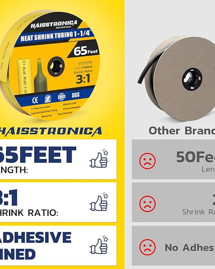haisstronica 3:1 Heat Shrink Tubing, Shrink Ratio Adhesive Lined Marine Grade Heat Shrink Tube for Home, Automotive and Industrial (Yellow) 65FT 1-1/4inch