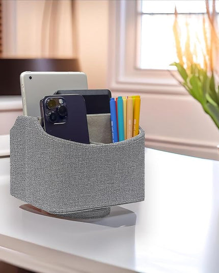 UnionBasic Rotating Desk Organizer, 360 Degree Desk Spinning Caddy, Desktop TV Guide/Mail/Media/Remote Controller Holder Organizer, Grey Linen Texture