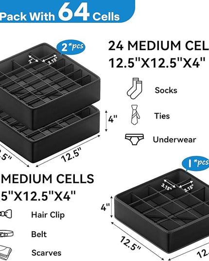Fashion Leather Sock Underwear Drawer Organizer clothes, Closet Dividers，64 Cell (16+24+24) Foldable Leather Storage Box for Panties, Ties, Accessories（3 Pack）