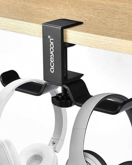aceyoon Foldable Headphone Stand for Desk, Aluminum Headset Stand Clamp Hook Under Desk Space Save Mount, Headset Holder for Gaming Headphone, Office, Backpack, Bag, Purse Hanging (Black)