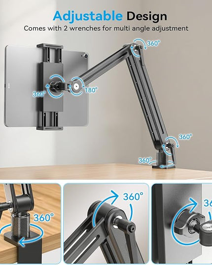 Jakeko Adjustable Tablet Mount for Desk - 360 Degree Rotating Base Tall Arm Holder Stand Swivel Flexible Clamp Soporte para Tablet/Portable Monitor/Ebook