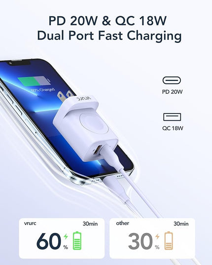 VRURC Charger for iPhone & Apple Watch, 20W USB C Fast Charging Block, 3-in-1 Compact Travel Adapter with 2 Port for iPhone 17/16/15/14/13, Wireless Magnetic for iWatch SE/11/10/9/8/7/6/5/4-Purple