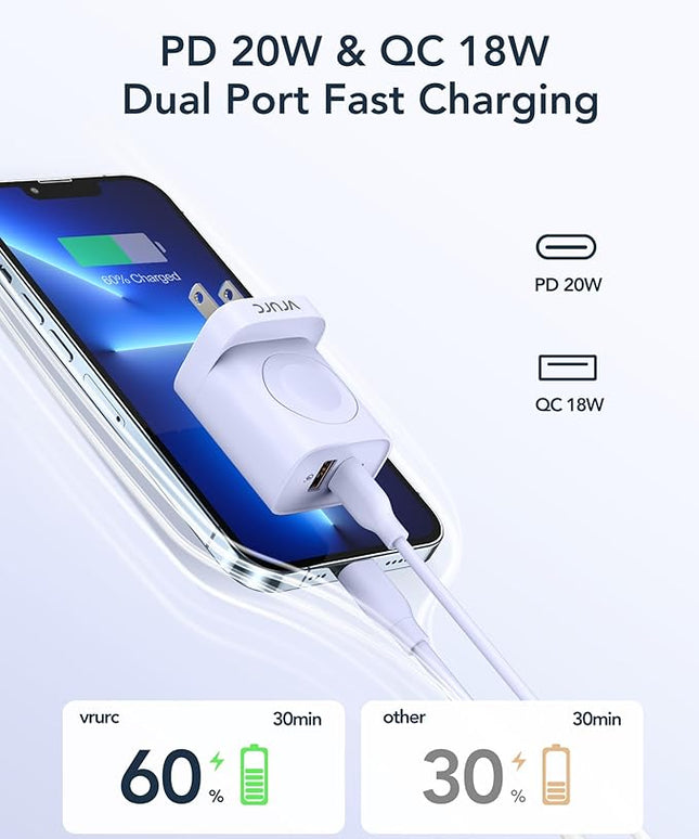 VRURC Charger for iPhone & Apple Watch, 20W USB C Fast Charging Block, 3-in-1 Compact Travel Adapter with 2 Port for iPhone 17/16/15/14/13, Wireless Magnetic for iWatch SE/11/10/9/8/7/6/5/4-Purple