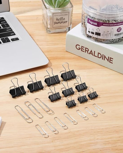 360 Pcs Paper Clips and Binder Clips Assorted Sizes, Large Medium Small Size Silver Paper Clips & Black Binder Clips with Container, for Office, Home, School Supplies
