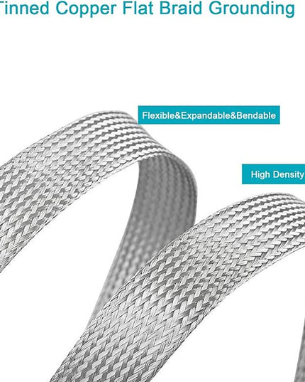 Tinned Copper Braided Cable Shielding Sleeve Metal Wire Loom Sheathing EMI RFI ESD Protector Grounding Mesh Flat Tubular Expandable 1" W(0.64" ID)-16FT