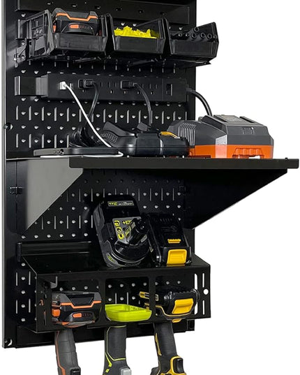 Wall Control Power Tool Storage Organizer Kit Cordless Drill Holder Charging Station Rack 16” x 32” Metal Pegboard Organization System (Black Pegboard)
