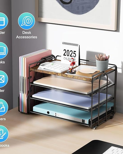 gianotter 4-Tier Paper Organizer With Magazine Holder, Desk Organizers and Accessories, Desk Accessories & Workspace Organizers, File Organizer for Office Supplies Storag (Wood, 4-Tier)