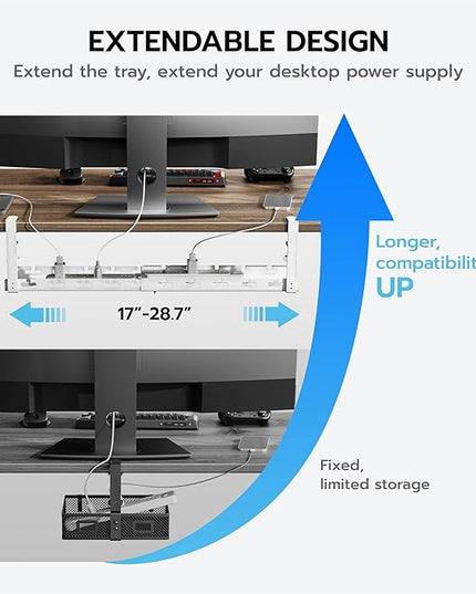 ARES WING 17"-28.7" Extendable Under Desk Cable Management Tray with Cable Slots, Clamp On Cord Organizer Holds Up to 11 lbs, White Metal Under Desk Storage for Office and Gaming Accessories