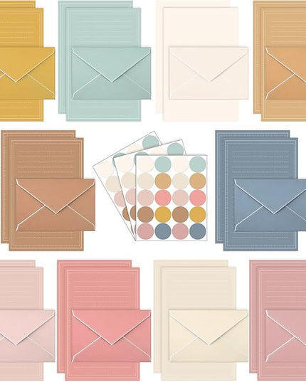 TaoBary 160 Packs Stationery Paper Set (50 Double Sided Stationery Writing Papers 50 Matching Envelopes) 60 Round Dot Sticker, 10 Design (5.5 x 8.25 Inch,Boho Color)