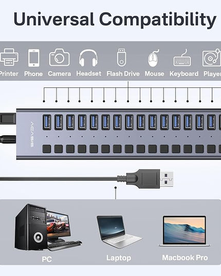 Powered USB 3.2 Hub, ACASIS 16 Ports USB 3.2 Hub with 10Gbps Data Speed，Aluminum Housing, USB Hub Powered with 96W Power Adapter, USB Hub for PC/Laptop, Computer, Flash Drive, Printer, Camera