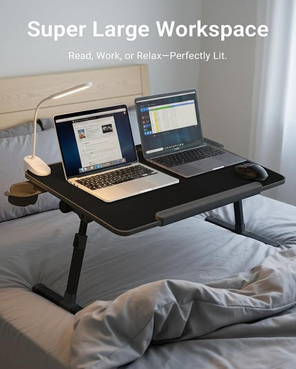 iXTRA Laptop Lap Desk with Cooling Fan - Adjustable Bed Desk with Light, Bed Table with Cup Holder&Phone Holder - Storage Drawer Desk - Folding Bed Desk,Black,70x45cm