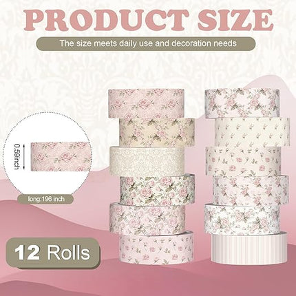 YooNotee 12 Rolls Watercolor Floral Washi Tape Set 15 mm Vintage Dusty Pink Decorative Masking Tape for Arts DIY Craft Scrapbook Envelope Party Supplies Gift Wrapping
