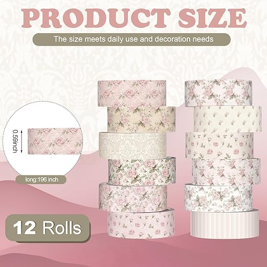 YooNotee 12 Rolls Watercolor Floral Washi Tape Set 15 mm Vintage Dusty Pink Decorative Masking Tape for Arts DIY Craft Scrapbook Envelope Party Supplies Gift Wrapping