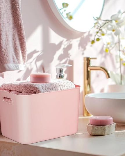 Hoolerry 8 Pieces Colorful Storage Bins with Lid, Plastic Storage Basket Organizing Container Stackable Box with Handle for Shelves Desktop Playroom Office(14.2 x 10.2 x 9.5 Inch,White and Pink)