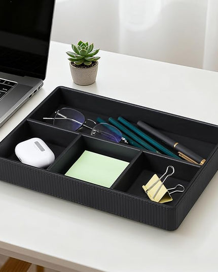 NICLNGSH PU Leather Valet Tray, Decorative Trinket Vanity Desk Drawer Organizer Tray, Perfume Dish Catch All Bowl for Keys, Nightstand Drawer Organizer Women Men with 4 Compartments (Black)