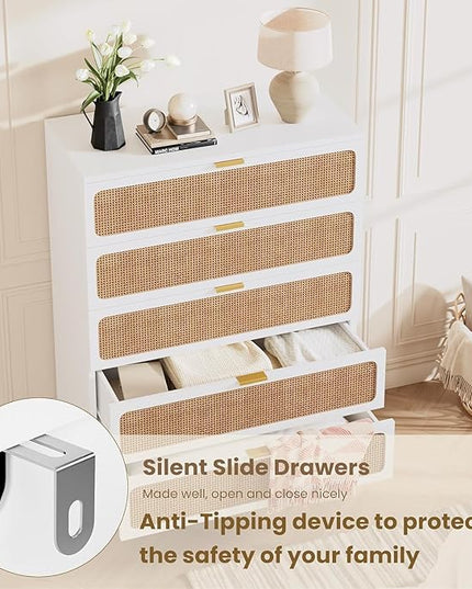 Garvee Rattan Dresser with 5 Drawers, Tall Modern Closet with Deep Storage, Large Chest of Drawers with Wide Top, Long Wooden Dresser for Bedroom, Living Room, Hallway, Kids Room, White