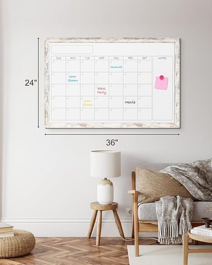 Monthly Dry Erase Calendar Whiteboard for Wall, 36" x 24" Magnetic White Board Calendar Board - Rustic Vintage Wooden Frame