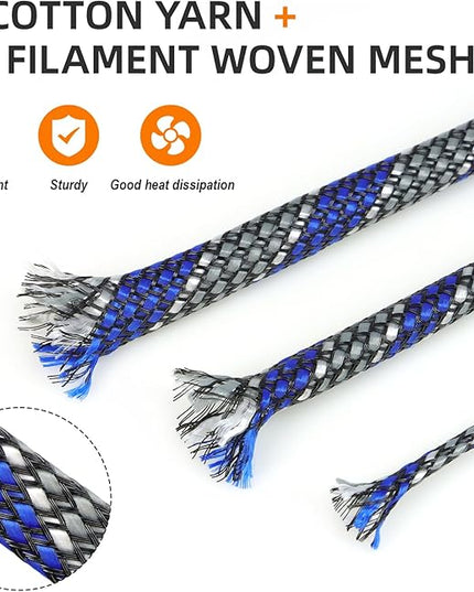 Braided Expandable Cable Sleeve, 25ft PP Cotton and PET Braided Cable Management, Flexible Mesh Wire Loom and Cable Protector for TV, Computer, Home Theater, Automotive (Blue White Grey, 1/2")