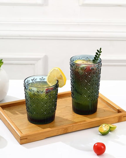 Blue Drinking Glasses Set of 12, 14 Oz Highball & 10 Oz Cocktail Glasses, Blue Kitchen Vintage Glassware Set, Floral Embossed Glass Tumbler Cups for Juice, Beer, Water, Whiskey, Coffee