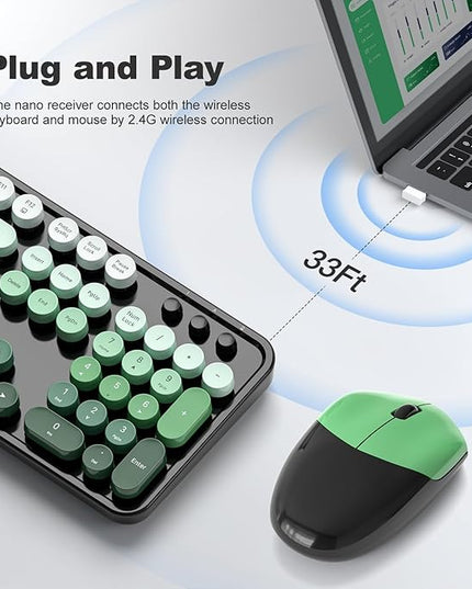 MOFII Wireless Keyboard and Mouse Combo, Full Size 2.4G Plug and Play Typewriter Retro Round Computer Keyboard and Mouse Set for Windows, Computer, Desktop, PC, Notebook - (Black Green Gradient)