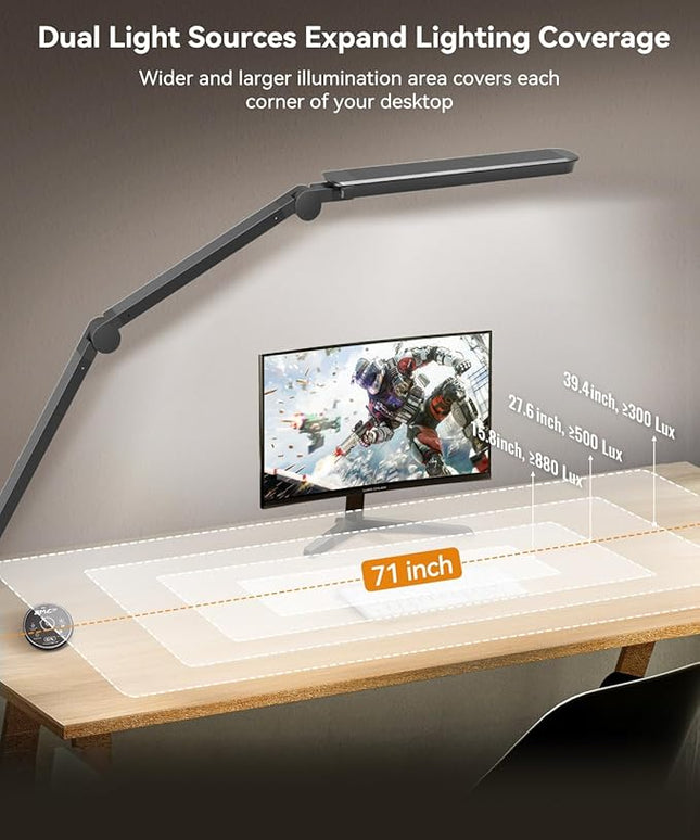 LED Desk Lamp with Clamp, Architect Desk Lamp with Remote, Flexible Swing Arm Desk Light with Dual LED Light, Stepless Dimming, 5 Color Mode & 4 Brightness for Sewing Painting Drafting Crafting