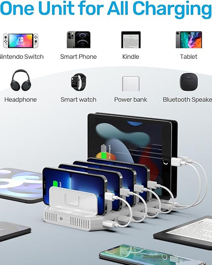 【5PCS】 Unitek Multi Charging Station, 10-Port USB Charger for Multiple Device with SmartIC Tech and Adjustable Dividers, Organizer Stand Compatible with iPad, Tablet, Kindle, iPhone - 5PCS, White