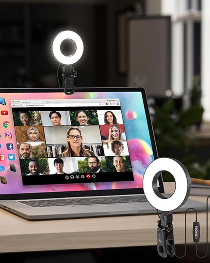 Ring Light [3 Color, 5 Brightness & Timer] 3.5'' Small Video Conference Lighting Clip On Monitor Laptop iPad Phone, USB Plug Dimmable Selfie Light for Working, Meeting, YouTube/TikTok Content Creator