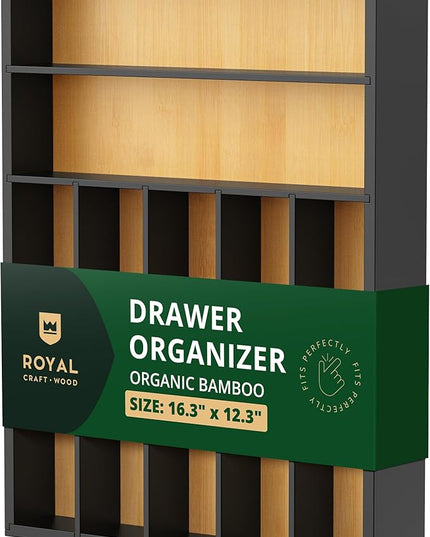 ROYAL CRAFT WOOD Luxury Bamboo Kitchen Drawer Organizer - Silverware Organizer - Utensil Holder and Cutlery Tray with Grooved Drawer Dividers for Flatware and Kitchen Utensils (7 Slot)
