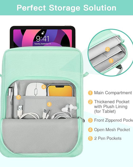 MoKo 9-11 Inch Tablet Sleeve Bag Handle Carrying Case with Shoulder Strap Fits New 11-inch iPad Pro M4/iPad Air M2, iPad 10th 10.9, i-Pad 9/8/7th 10.2, iPad Air 5/4th 10.9, Tab S8/S9 11, Mint Green